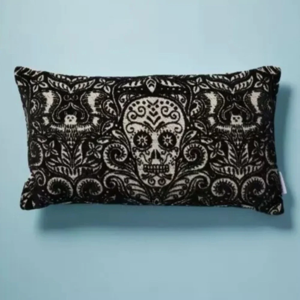 NWT Deco Throw Pillow Halloween Black Jacquard Bats Skulls Novogratz 14x24
